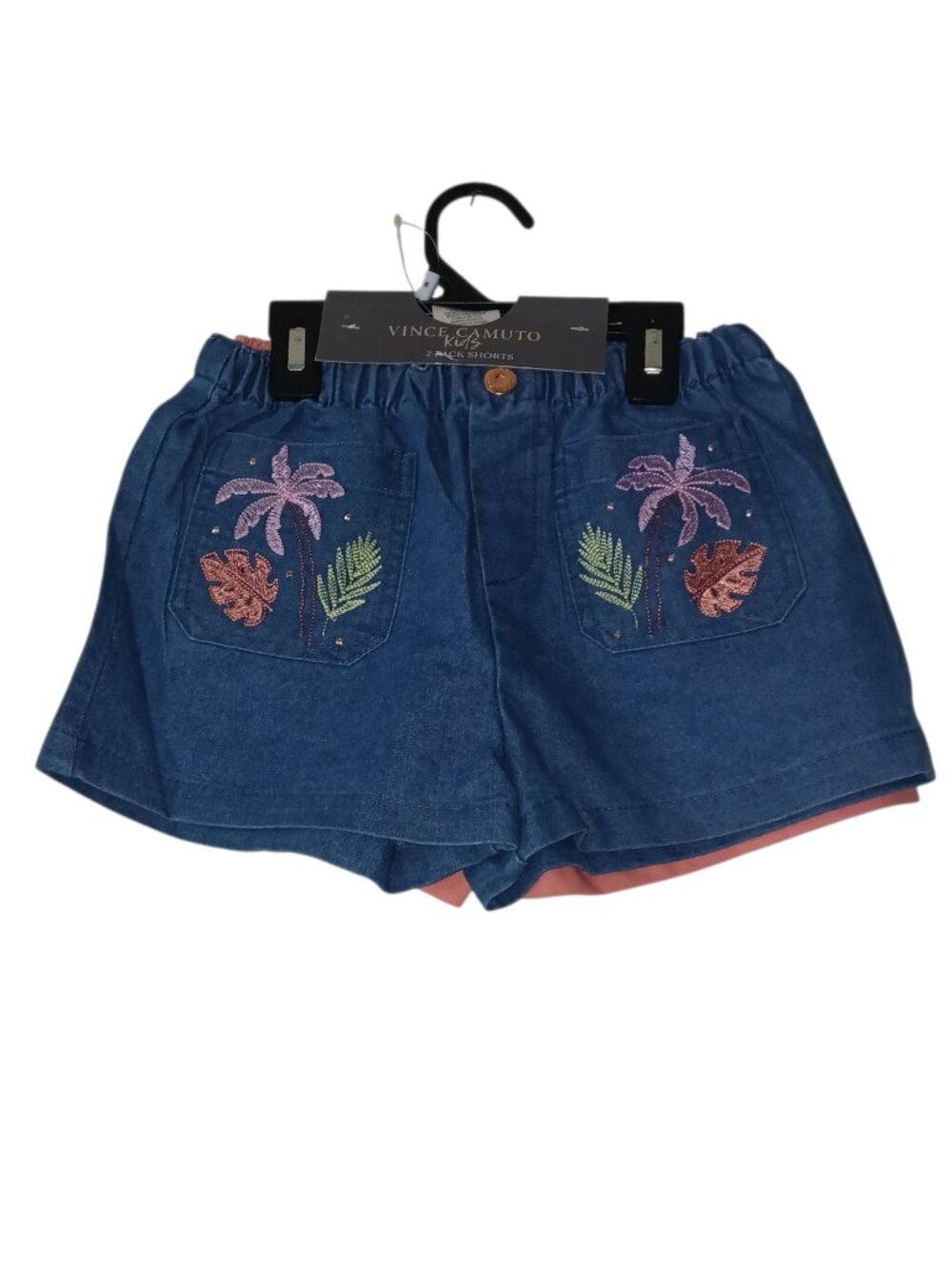 NWT Vince Camuto Girls 2-Pack Shorts Size 5 Pink & Chambray Embroidered